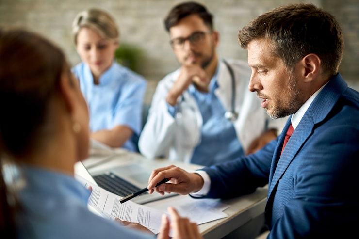 Réunion de travail avec des médecins et un homme en costume